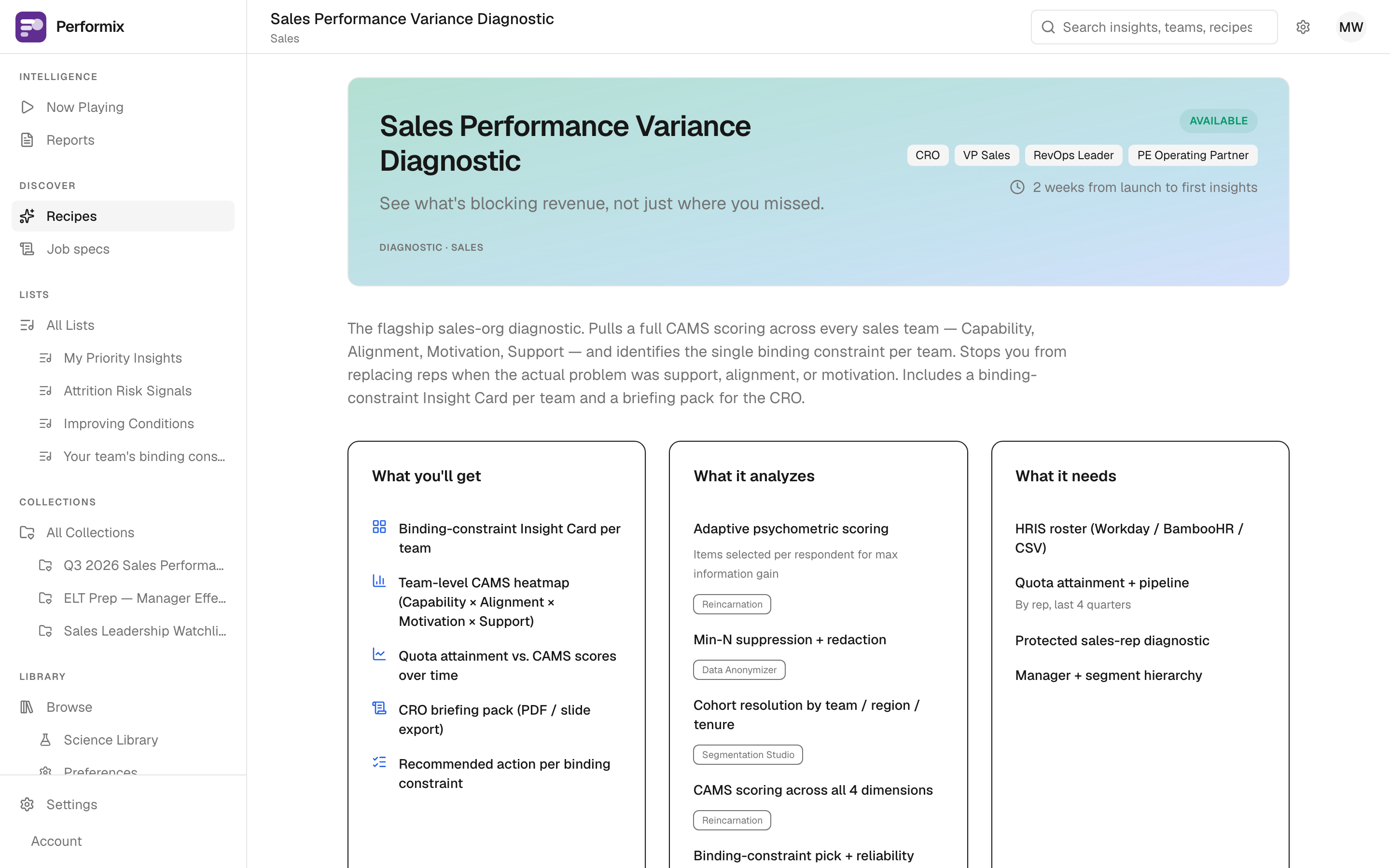 The Sales Performance Variance Diagnostic recipe: three columns — what you'll get (insight cards, CAMS heatmap, briefing pack), what it analyzes (adaptive scoring, Min-N suppression, CAMS), and what it needs (HRIS roster, quota data, manager hierarchy).