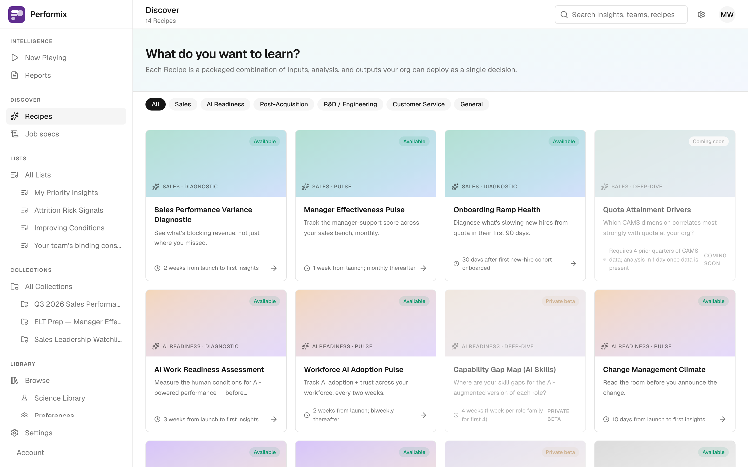 The Discover catalog: a grid of recipe cards organized by beachhead (Sales, AI Readiness, Post-Acquisition, R&D/Engineering, Customer Service), each with what it diagnoses and how long to first insight.